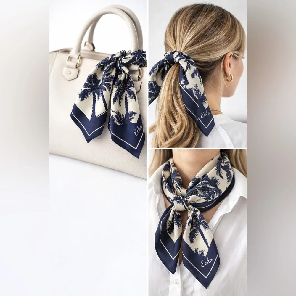 Echo silk printed Navy and Cream Palm Tree Scarf new with out tags
